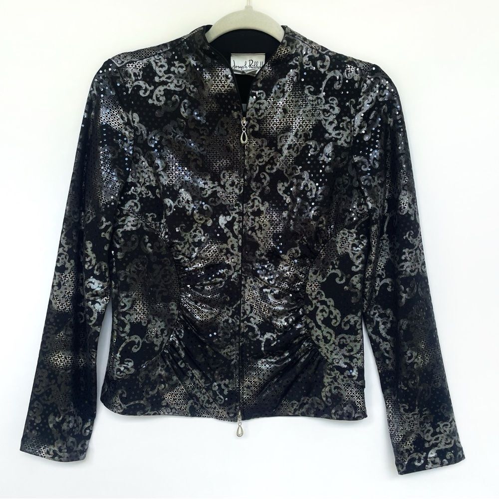 Joseph Ribkoff Women's Size 6 Black Metallic Sequin Zip Jacket Stretchy